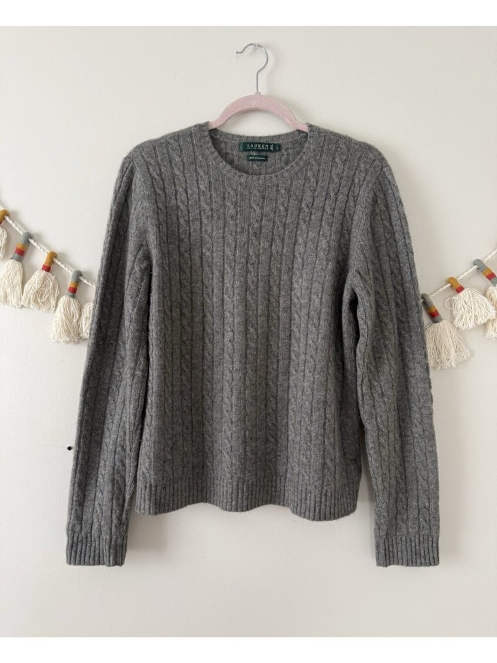 VTG Lauren Ralph Lauren 100% Cashmere Gray Braided Pullover Sweater Preppy L